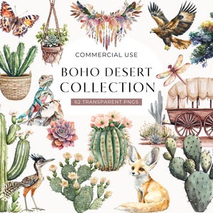 Boho Desert Cactus Clipart, Watercolor Western Clip Art, Baby Shower Illustrations, Cacti Junk Journal Graphic, Succulent Commercial Use PNG