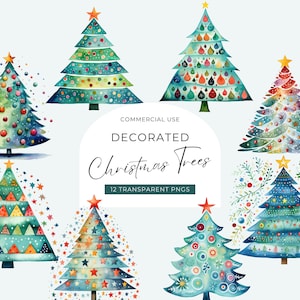 Niedliches Clipart Weihnachtsbaum, DIGITALER DOWNLOAD, geschmückte Weihnachtsbäume, bunte moderne Aquarell Weihnachtsbäume, kommerzielle Nutzung PNG-Pack