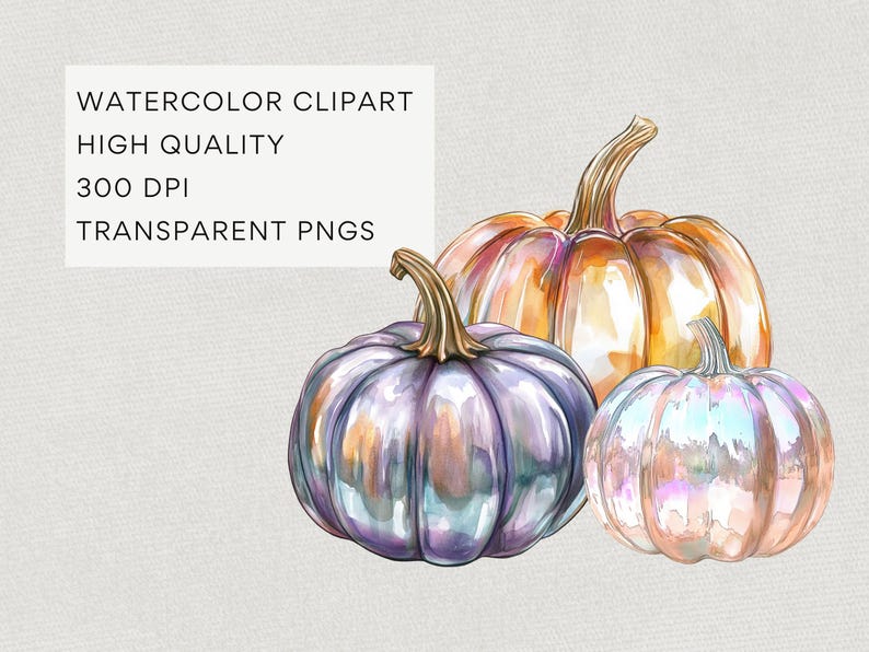 Iridescent Halloween Clipart, DIGITAL DOWNLOAD, Glass Pumpkin Watercolor Clip Art, Cute Pastel Ghost Graphic, Witches Hat Commercial Use PNG image 3