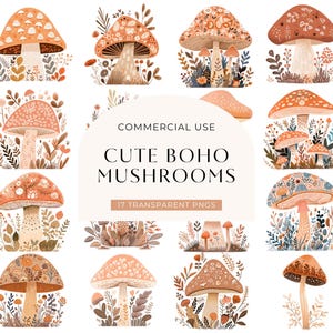 Boho Mushroom Clipart, DIGITAL DOWNLOAD, Watercolor Cottagecore Clip Art, Cute Cottage Core Floral Toadstool, Sublimation Commercial Use PNG