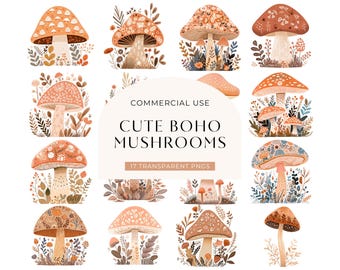 Boho Mushroom Clipart, DIGITAL DOWNLOAD, Watercolor Cottagecore Clip Art, Cute Cottage Core Floral Toadstool, Sublimation Commercial Use PNG
