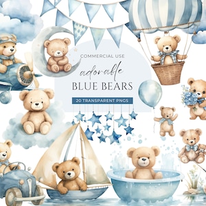 Blue Teddy Bear Clipart, DIGITAL DOWNLOAD, Hot Air Balloon Teddy Bear, Cute Boho Bears, Watercolor Baby Shower Clipart, Commercial Use PNG