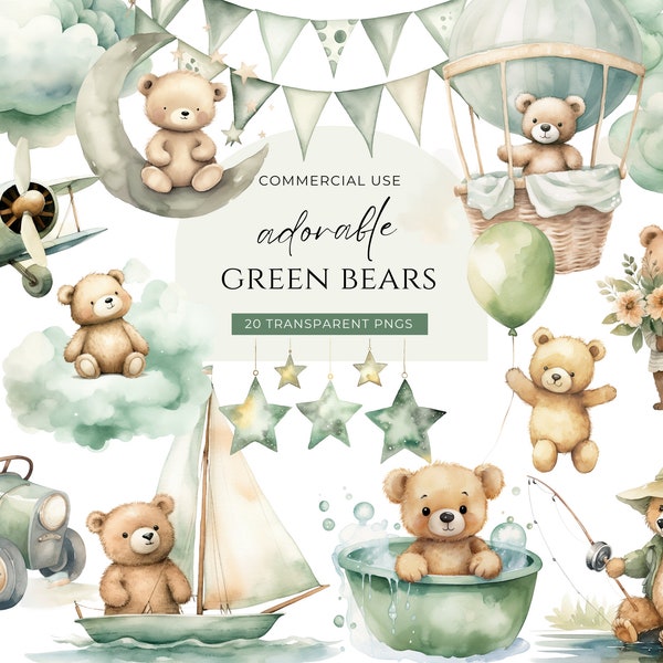 Grüner Teddybär Clipart, DIGITALER DOWNLOAD, Heißluftballon-Teddybär, süße Boho-Bären, Aquarell-Baby-Dusche-Clipart, kommerzielle Nutzung PNG