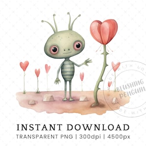 Clipart Alien de la Saint-Valentin, Image unique en téléchargement numérique, aquarelle mignon espace extra-atmosphérique Clip Art, carte de Saint Valentin à usage commercial gratuit PNG