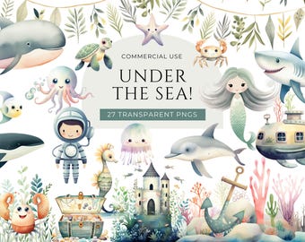 Clipart de acuarela bajo el mar (DESCARGA DIGITAL), adorables imágenes de animales marinos, baby shower náutico submarino, PNG para uso comercial bajo el agua