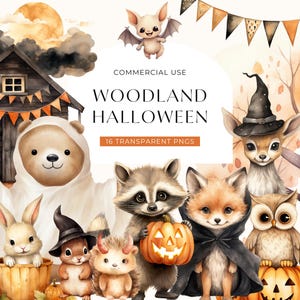 Clipart de Halloween en el bosque, descarga digital, adorable criatura del bosque espeluznante, acuarela de otoño, oso, zorro, ciervo, uso comercial PNG