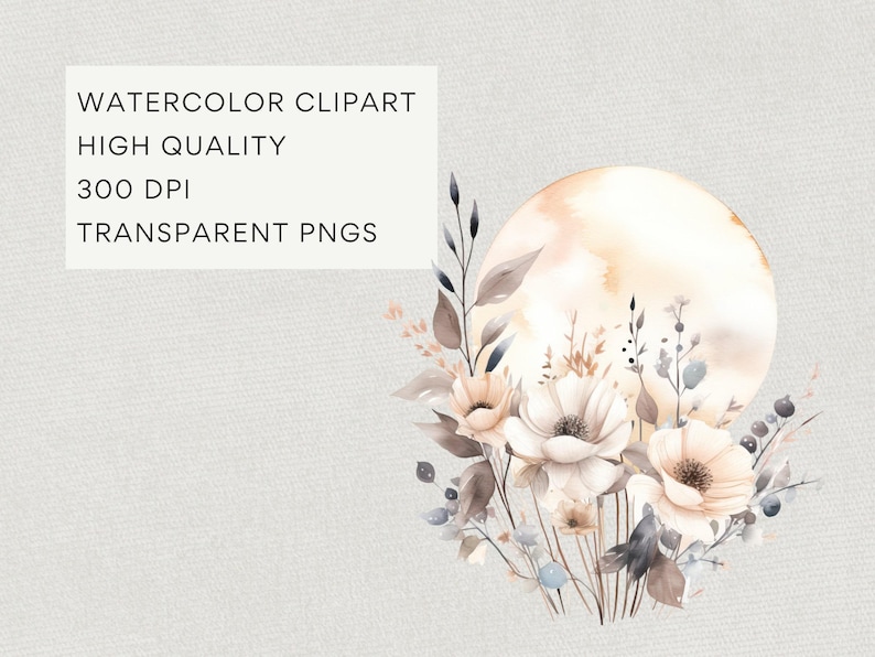 Watercolor Boho Clipart Bundle, DIGITAL DOWNLOAD, Moon Flower Clipart, Floral Butterflies Clip Art, Coffee Illustrations Commercial Use PNG image 6