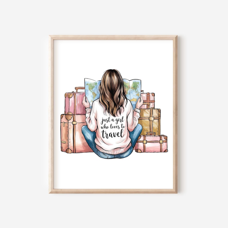 Just a Girl Who Loves To Travel PNG, Wanderlust PNG, Adventure Sublimation Design, Wanderer Clip Art, With Suitcases And Map, Commercial Use image 6