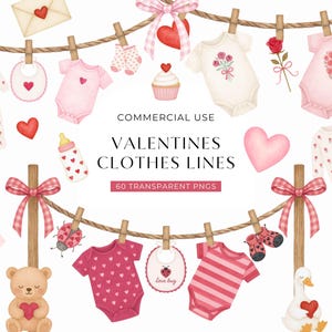 May include: A watercolour illustration featuring Valentine's Day themed baby clothes and accessories. The image includes pink onesies, bibs, socks, and a bottle, all decorated with hearts and flowers. A teddy bear, cupid's bow, and a goose are also featured.