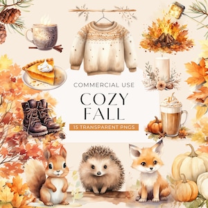 Gemütliches Herbst Clipart Bundle, DIGITALER DOWNLOAD, Aquarell Herbst Clip Art Pack, Herbstkleidung, Thanksgiving Grafiken Set, kommerzielle Nutzung PNG