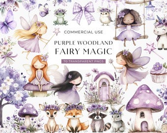 Op de afbeelding: Een digitale collectie van paarse bos-thema illustraties met feeën, dieren, paddenstoelen en bloemelementen. De tekst luidt: COMMERCIAL USE, PURPLE WOODLAND FAIRY MAGIC, 70 TRANSPARENT PNGS. Bevat vlinders, een strik en een cupcake.