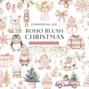 Pink Christmas Boho clipart, digitale DOWNLOAD, aquarel winter illustraties, meisje december baby shower clipart, pastel Xmas commercieel gebruik, png