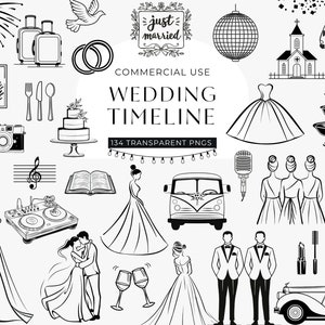 Bruiloft tijdlijn pictogrammen Clipart, digitale DOWNLOAD, minimale lijn illustraties, zwart-witte grafische bruid en bruidegom, eenvoudig commercieel gebruik png