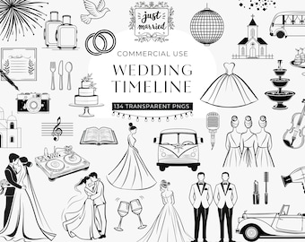Wedding Timeline Icons Clipart, DIGITAL DOWNLOAD, Minimal Line Clip Art, Black And White Bride And Groom Graphic, Simple Commercial Use PNGs