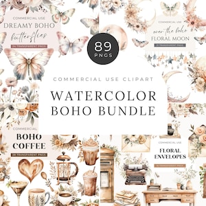 Watercolor Boho Clipart Bundle, DIGITAL DOWNLOAD, Moon Flower Clipart, Floral Butterflies Clip Art, Coffee Illustrations Commercial Use PNG image 1