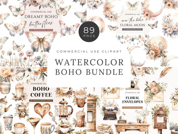 Watercolor Boho Clipart Bundle, DIGITAL DOWNLOAD, Moon Flower Clipart, Floral Butterflies Clip Art, Coffee Illustrations Commercial Use PNG