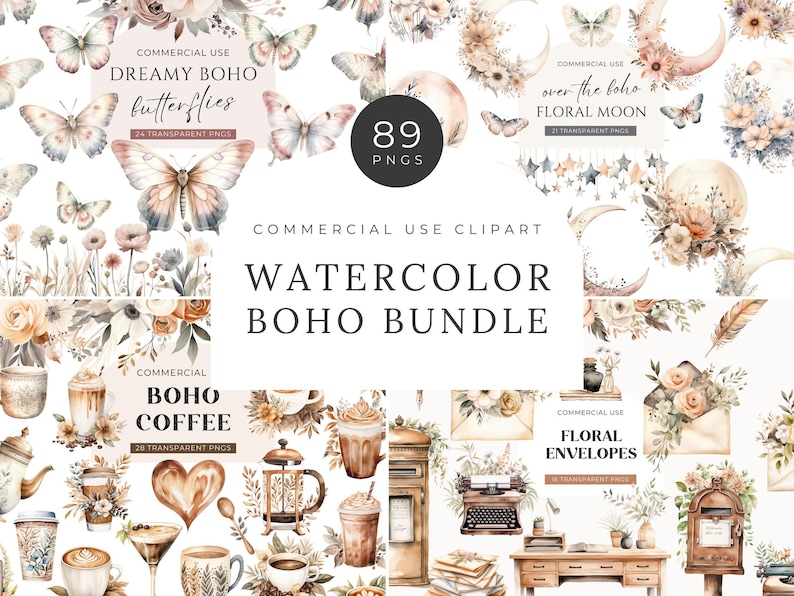 Watercolor Boho Clipart Bundle, DIGITAL DOWNLOAD, Moon Flower Clipart, Floral Butterflies Clip Art, Coffee Illustrations Commercial Use PNG image 1