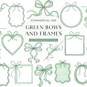 Op de afbeelding: Een verzameling handgetekende groene strikken en decoratieve kaders in diverse vormen, waaronder harten, cirkels en rechthoeken. De tekst luidt: COMMERCIAL USE GREEN BOWS AND FRAMES 38 TRANSPARENT PNGS. Dit zijn lijntekeningen.
