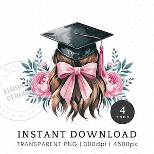 Sombrero de graduación coqueto PNG, diseño de sublimación de lazo rosa de gorro de graduación de acuarela, clipart de estudiante universitario de último año, descarga digital de escuela secundaria