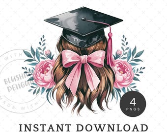 Sombrero de graduación coqueto PNG, diseño de sublimación de lazo rosa de gorro de graduación de acuarela, clipart de estudiante universitario de último año, descarga digital de escuela secundaria