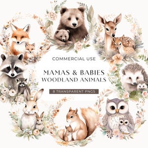 Clipart bébé animal et maman, téléchargement numérique, clipart maman de la forêt, aquarelle fête des mères, animaux de la forêt baby shower usage commercial PNG