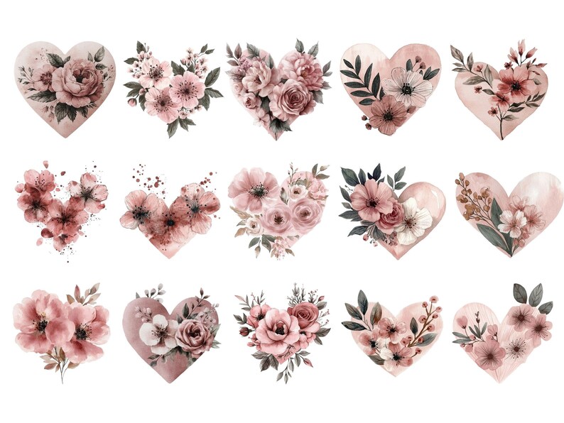 Vintage Floral Heart Clipart, Watercolor Flower Hearts Clip Art ...