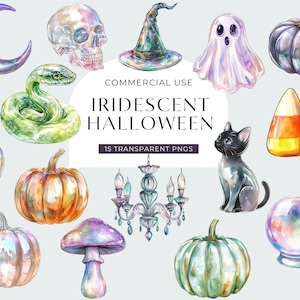 Iridescent Halloween Clipart, DIGITAL DOWNLOAD, Glass Pumpkin Watercolor Clip Art, Cute Pastel Ghost Graphic, Witches Hat Commercial Use PNG image 1