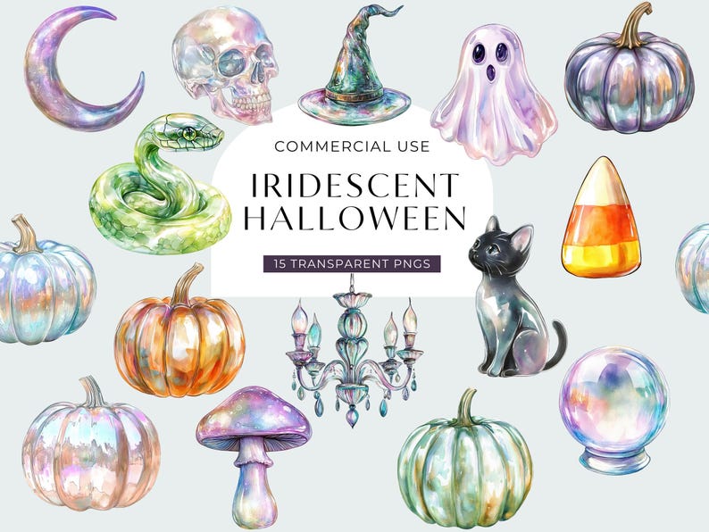 Iridescent Halloween Clipart, DIGITAL DOWNLOAD, Glass Pumpkin Watercolor Clip Art, Cute Pastel Ghost Graphic, Witches Hat Commercial Use PNG image 1