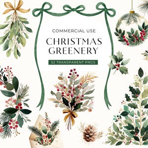 以下が含まれることがあります： クリスマスグリーンの水彩イラスト。リース、小枝、クリスマスツリーの形が含まれています。画像にはヒイラギ、ベリー、松ぼっくり、リボン、テキスト「Christmas Greenery」が表示されています。