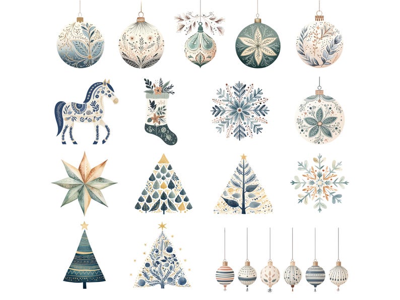 Scandi Christmas Ornament Clipart, DIGITAL DOWNLOAD, Nordic Xmas Bauble Clip Art, Scandinavian Watercolor Decorations, Commercial Use PNG image 2