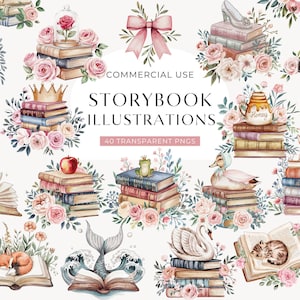 Storybook Clipart, Story Book Clip Art, Cute Watercolor Book Lover, Nursery Fairytale PNG, Books for Baby Shower, Reading DIGITAL DOWNLOAD image 1