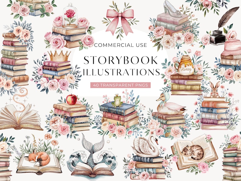 Storybook Clipart, Story Book Clip Art, Cute Watercolor Book Lover, Nursery Fairytale PNG, Books for Baby Shower, Reading DIGITAL DOWNLOAD image 1