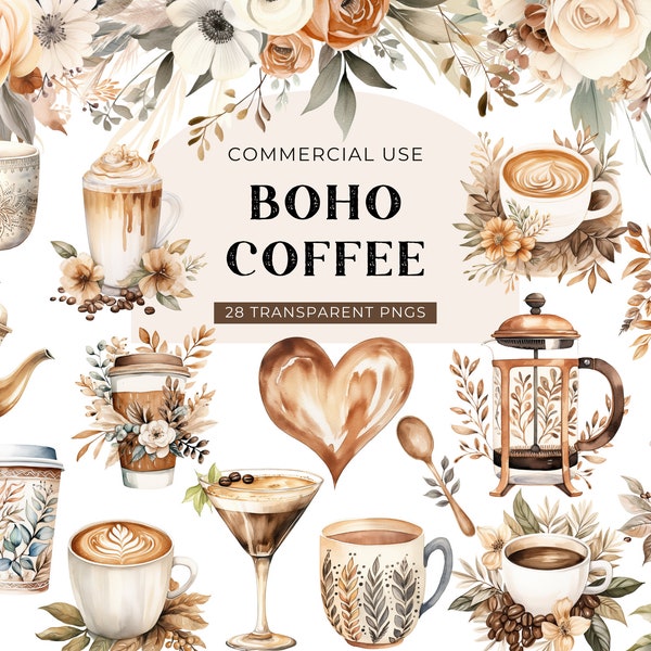 Coffee Lover Clipart Boho, DESCARGA DIGITAL, Taza de acuarela de café Clip Art, Taza de café Clipart, Iced Latte Espresso Uso comercial PNG