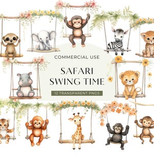 Clipart di animali su altalene safari, DOWNLOAD DIGITALE, carino acquerello elefante leone scimmia, clip art di baby shower nella giungla, uso commerciale PNG