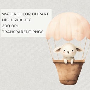 Baby Sheep Watercolor Clipart, DIGITAL DOWNLOAD, Lamb Hot Air Balloon, Spring Baby Animal, Nursery Clipart, Transparent Commercial Use PNG image 3
