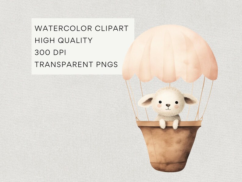 Baby Sheep Watercolor Clipart, DIGITAL DOWNLOAD, Lamb Hot Air Balloon, Spring Baby Animal, Nursery Clipart, Transparent Commercial Use PNG image 3