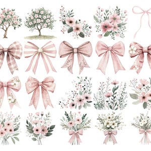 May include: Watercolor illustrations of pink bows, floral bouquets, and flowering trees. The bows feature various patterns, including gingham and polka dots. The floral arrangements include pink and white flowers with green foliage.