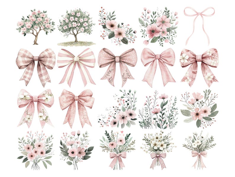 May include: Watercolor illustrations of pink bows, floral bouquets, and flowering trees. The bows feature various patterns, including gingham and polka dots. The floral arrangements include pink and white flowers with green foliage.