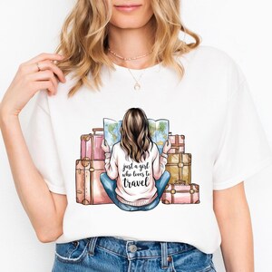 Just a Girl Who Loves To Travel PNG, Wanderlust PNG, Adventure Sublimation Design, Wanderer Clip Art, With Suitcases And Map, Commercial Use image 3