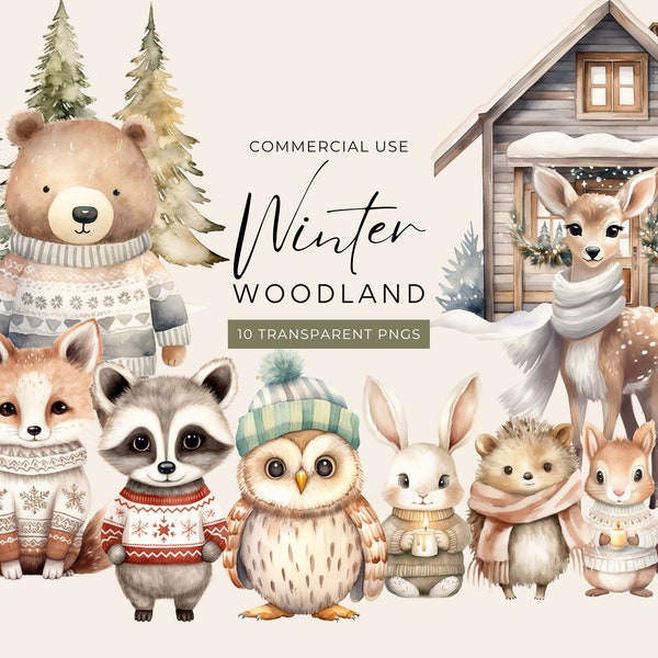 Woodland Creatures Clipart, DIGITAL DOWNLOAD, Christmas Woodland Illustrations, Forest Animals, Fox Watercolor Graphics, Commercial Use PNG