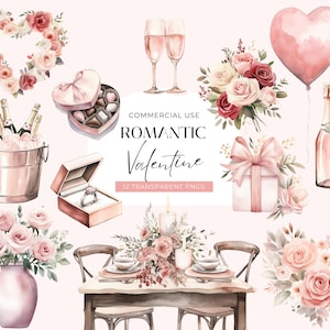 Romantische Valentinstag Clipart, DIGITAL DOWNLOAD, Aquarell Schachtel Pralinen, Verlobungsring, Rosa Champagner, Einladung Kommerzielle Nutzung PNG