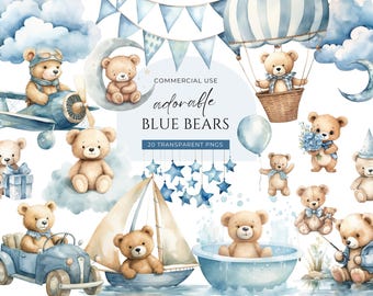 Blauer Teddybär Clipart, DIGITALER DOWNLOAD, Heißluftballon-Teddybär, süße Boho-Bären, Aquarell-Baby-Dusche-Clipart, kommerzielle Nutzung PNG