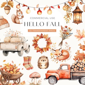 Clipart de acuarela acogedora de otoño, descarga digital, clip art de otoño, scrapbooking de octubre, pegatinas digitales, otoño rústico, uso comercial gratuito PNG