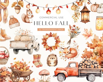 Cozy Watercolor Fall Clipart, DIGITAL DOWNLOAD, Autumn Clip Art, October Scrapbooking, Digital Stickers, Rustic Fall Free Commercial Use PNG