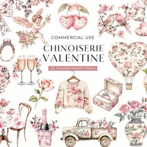Chinoiserie Valentijnsdag clipart, roze aquarel vintage bloemen Valentijnsdag illustraties, toile de jouy commercieel gebruik png, digitale download