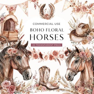 Floral cheval clipart, clipart cheval aquarelle western Boho, Clipart d'Invitation de fête d'anniversaire fille, usage commercial PNG, téléchargement numérique