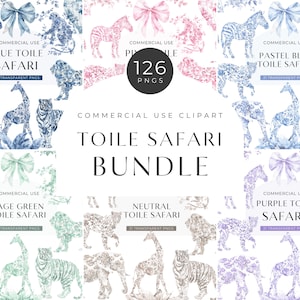 Clipart toile de jouy, téléchargement numérique, clipart toile de douche de bébé safari, aquarelle chinoiserie vintage animal de la jungle, usage commercial PNG
