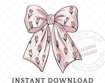 Spring Tulip Coquette Bow PNG, Coquette Ribbon Sublimation Design, Easter Day Shirt PNG, Easter Floral Vibe PNG, Cute Watercolor Flower