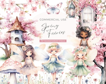 May include: A digital collection of watercolor illustrations featuring three fairies with wings, a mushroom house, a butterfly, a lantern, and a door, all surrounded by pink cherry blossoms and text reading COMMERCIAL USE Spring Fairies 15 TRANSPARENT PNGS.