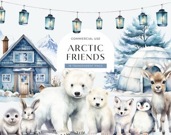 Winter Wonderland Clipart, DIGITAL DOWNLOAD, Christmas Arctic Animals Set, Baby Polar Bear Watercolor Graphic, North Pole Commercial Use PNG